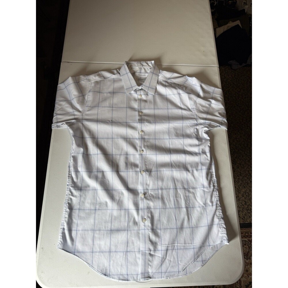 Calvin Klein Button Up Shirt Mens Size  36/37 Blue White Checks Slim Tall 17 1/2